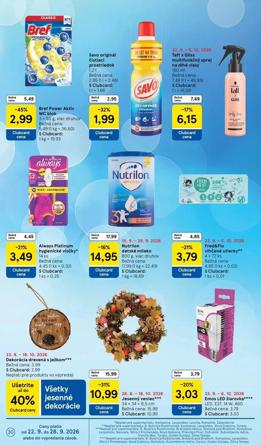 Tesco Supermarket leták, strana 30 z 32 — Jesenný veniec***, Nutrilon detské mlieko, Bref Power Aktiv WC blok