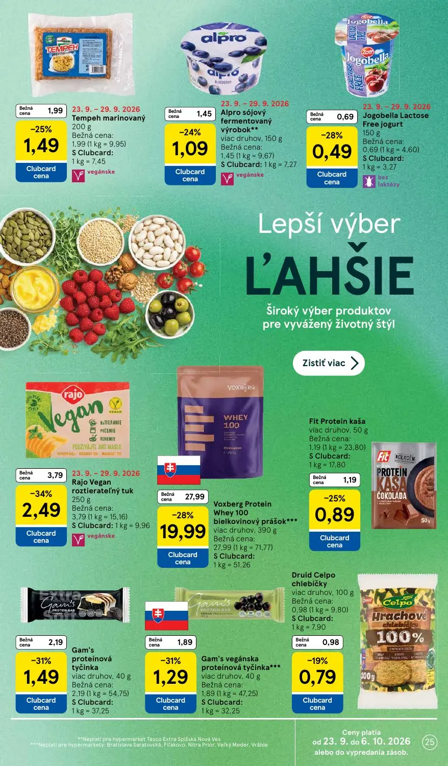 Tesco leták, strana 25 z 48 — Voxberg Protein Whey 100 bielkovinový prášok, Rajo Vegan roztierateľný tuk, Gam's proteínová t…