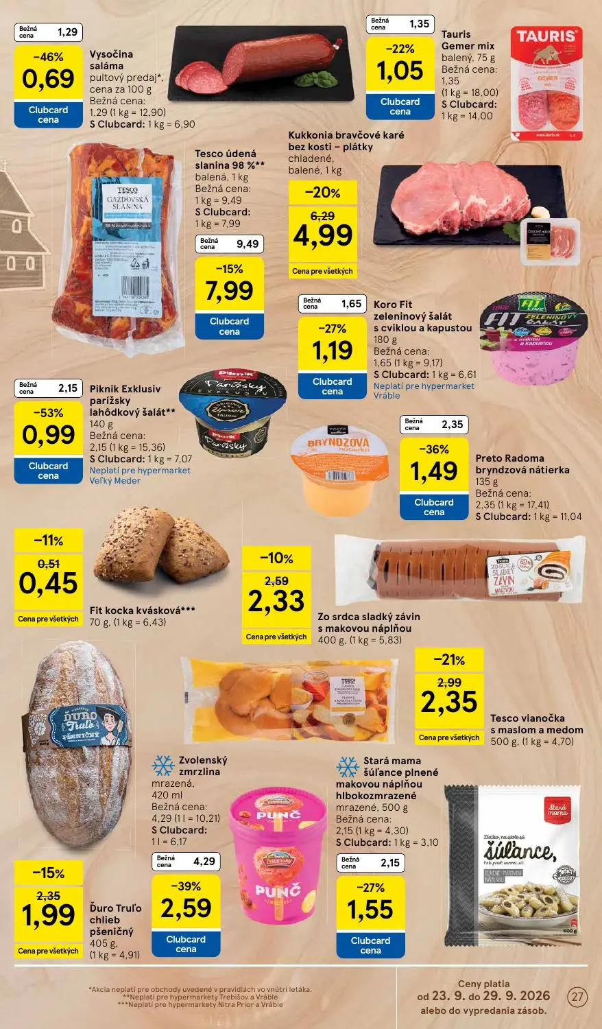 Tesco leták, strana 27 z 48 — Zvolenský zmrzlina mrazená, Tesco údená slanina 98% balená, Kukkonia bravčové karé bez kosti p…