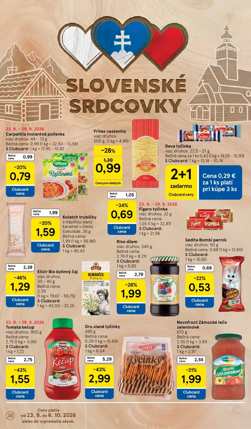 Tesco leták, strana 28 z 48 — Dru slané tyčinky, Tomata kečup viac druhov, Elixír Bio bylinný čaj viac druhov