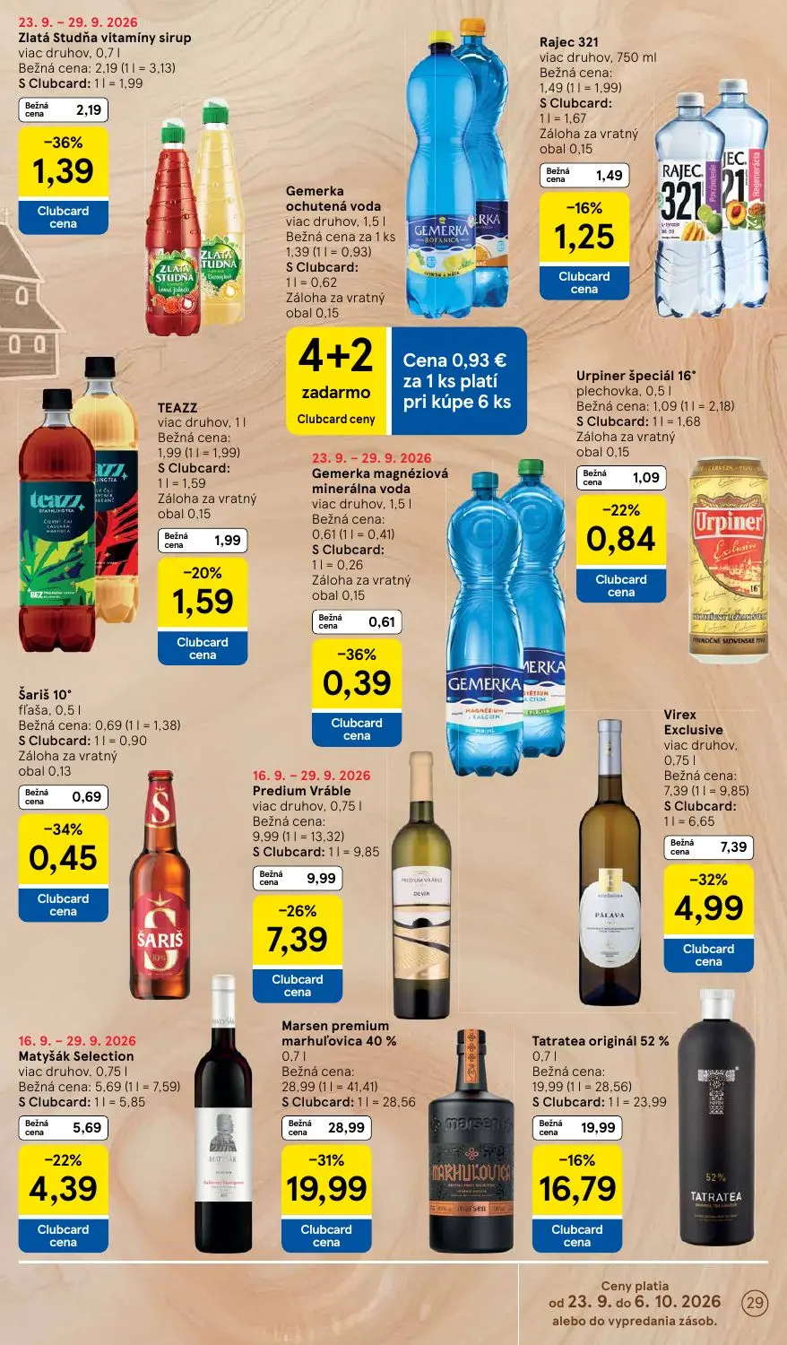 Tesco leták, strana 29 z 48 — Marsen premium marhuľovica 40%, Tatratea originál 52%, Predium Vráble