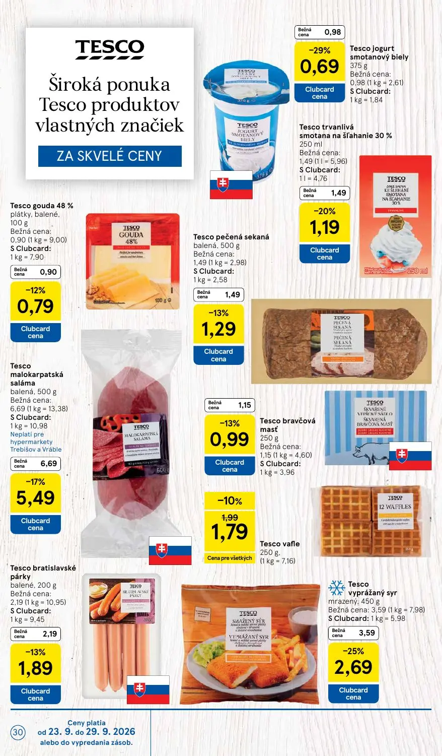 Tesco leták, strana 30 z 48 — Tesco malokarpatská saláma balená, Tesco vyprážaný syr mrazený, Tesco trvanlivá smotana na šľa…