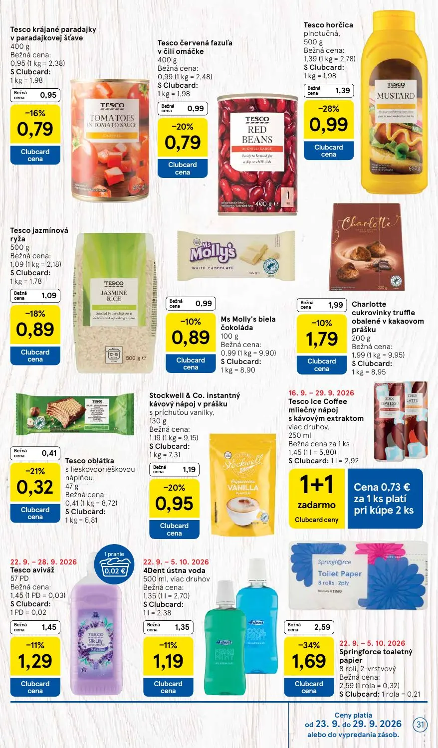 Tesco leták, strana 31 z 48 — Springforce toaletný papier 8 rolí, 2-vrstvový, Tesco horčica plnotučná, Stockwell & Co. insta…