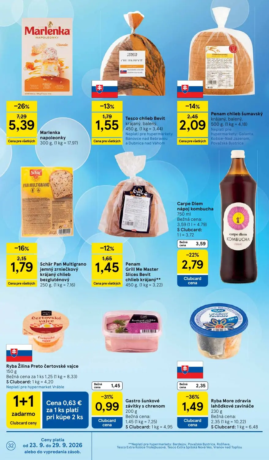 Tesco leták, strana 32 z 48 — Marlenka napoleonky, Ryba More zdravia lahôdkové zavináče, Carpe Diem nápoj kombucha