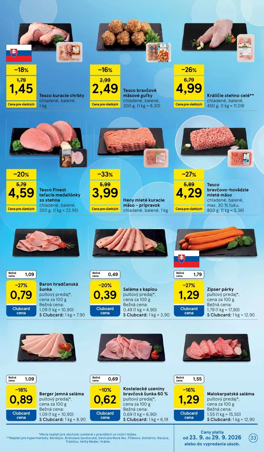 Tesco leták, strana 33 z 48 — Heny mleté kuracie mäso - prípravok, Králičie stehno celé**, Tesco bravčovo-hovädzie mleté mäso