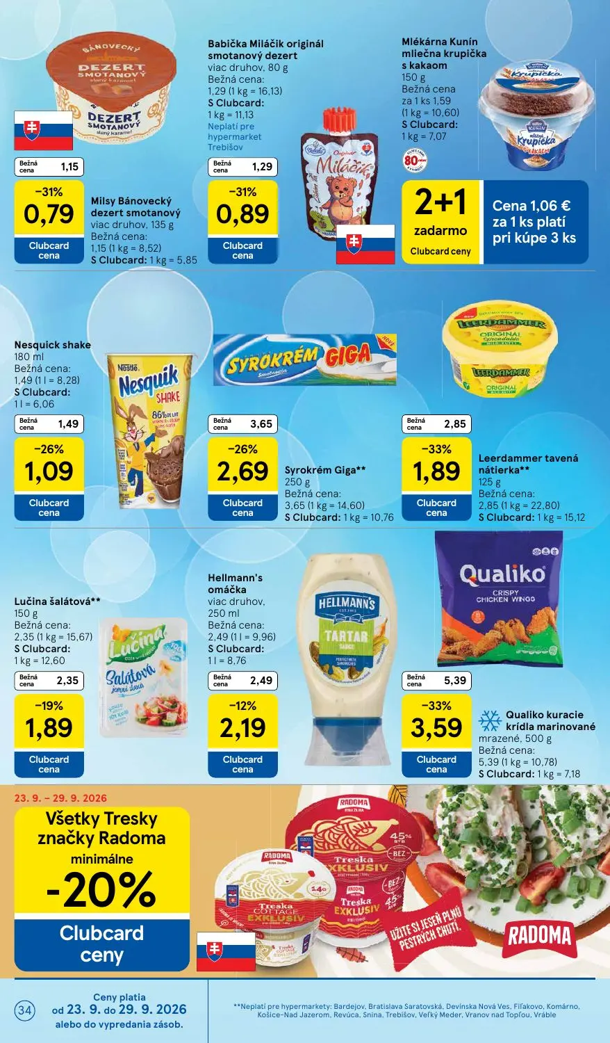 Tesco leták, strana 34 z 48 — Qualiko kuracie krídla marinované mrazené, Syrokrém Giga, Leerdammer tavená nátierka