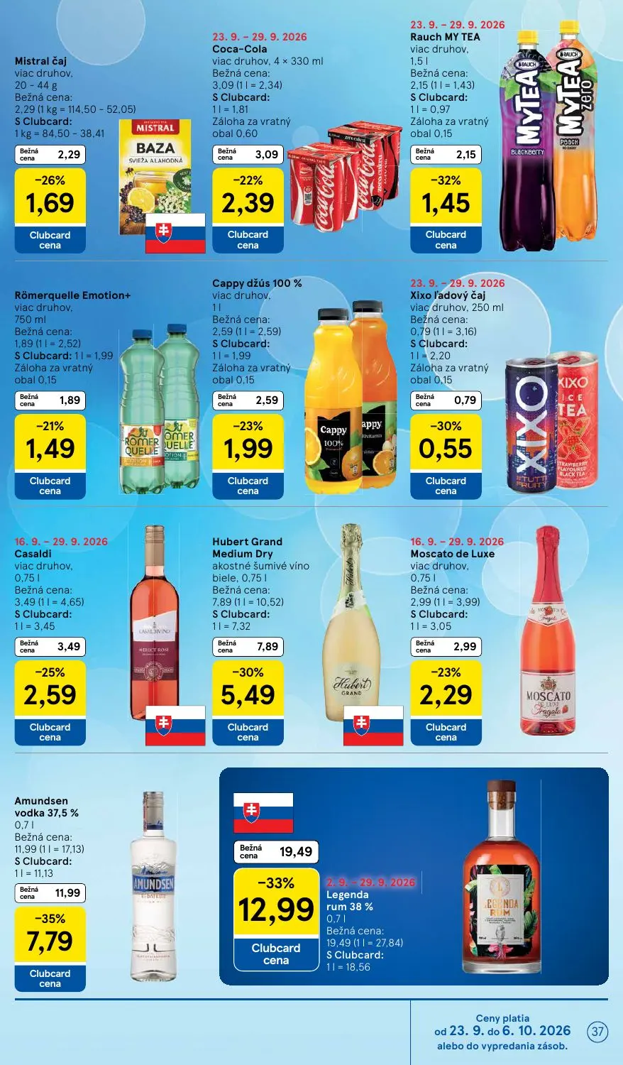 Tesco leták, strana 37 z 48 — Legenda rum 38%, Amundsen vodka 37,5%, Hubert Grand Medium Dry akostné šumivé víno biele,