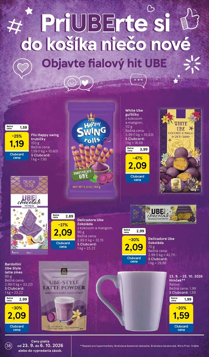 Tesco leták, strana 38 z 48 — White Ube guľôčky s kokosom a mangom., Delicadore Ube čokoláda, Bardollini Ube Style latte zmes