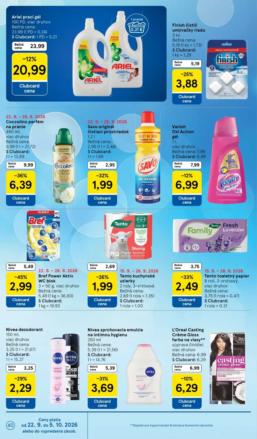 Tesco leták, strana 40 z 48 — Coccolino parfém na pranie, Ariel prací gél, Bref Power Aktiv WC blok