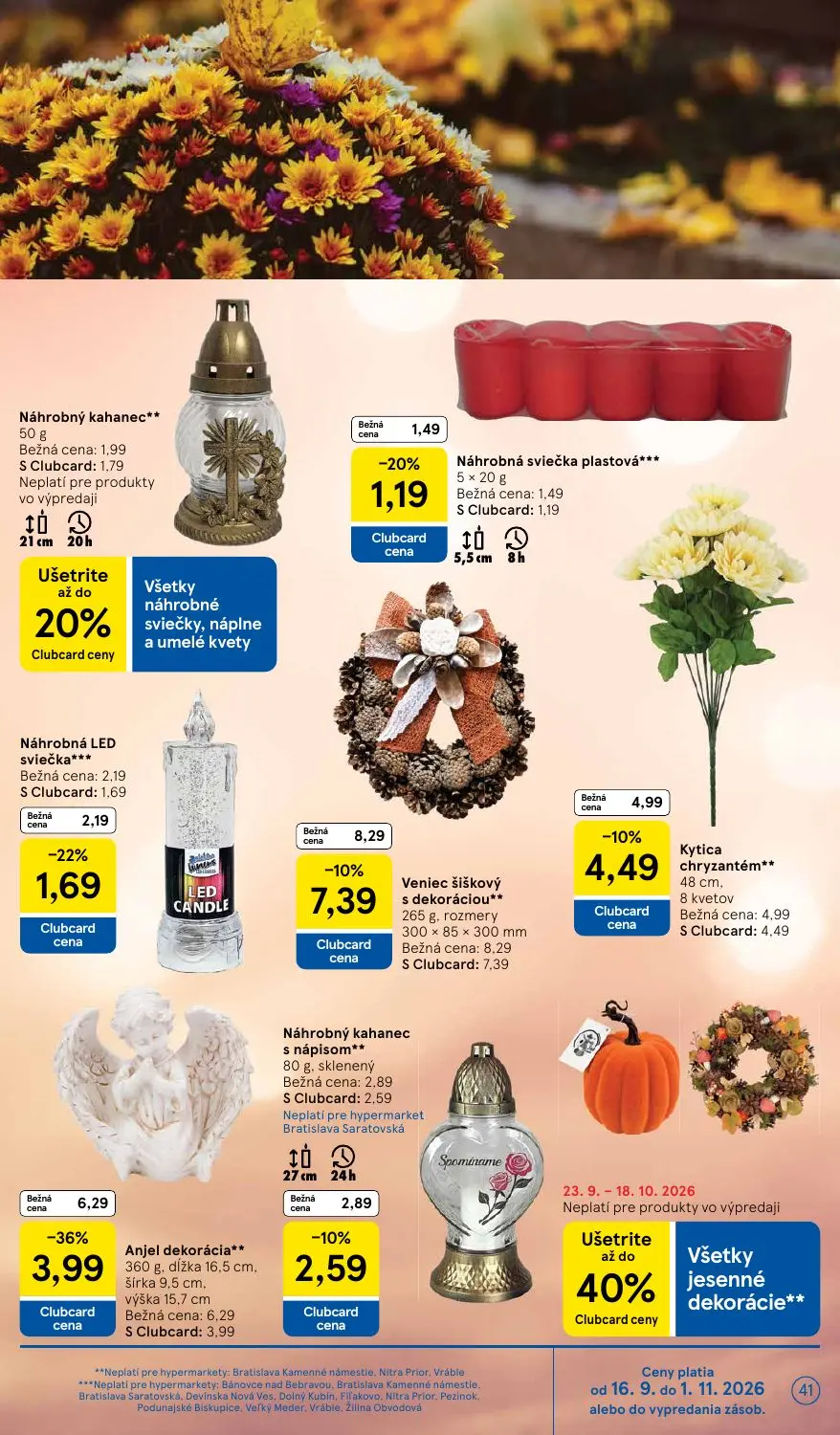 Tesco leták, strana 41 z 48 — Anjel dekorácia, Veniec šiškový s dekoráciou, Náhrobná LED sviečka