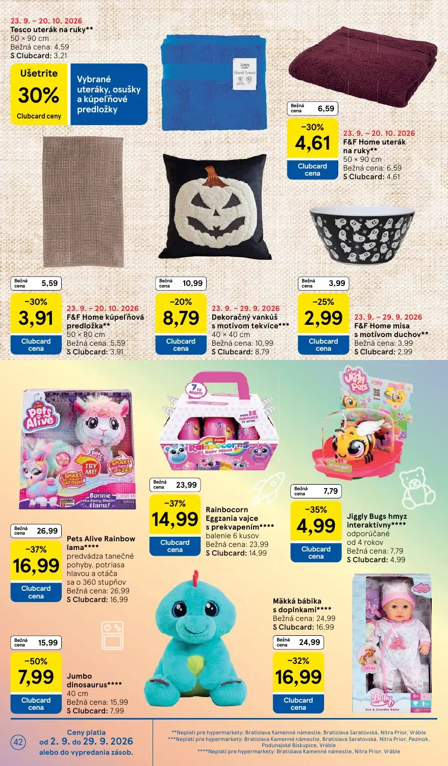 Tesco leták, strana 42 z 48 — Pets Alive Rainbow lama, Rainbocorn Eggzania vajce s prekvapením, Jumbo dinosaurus