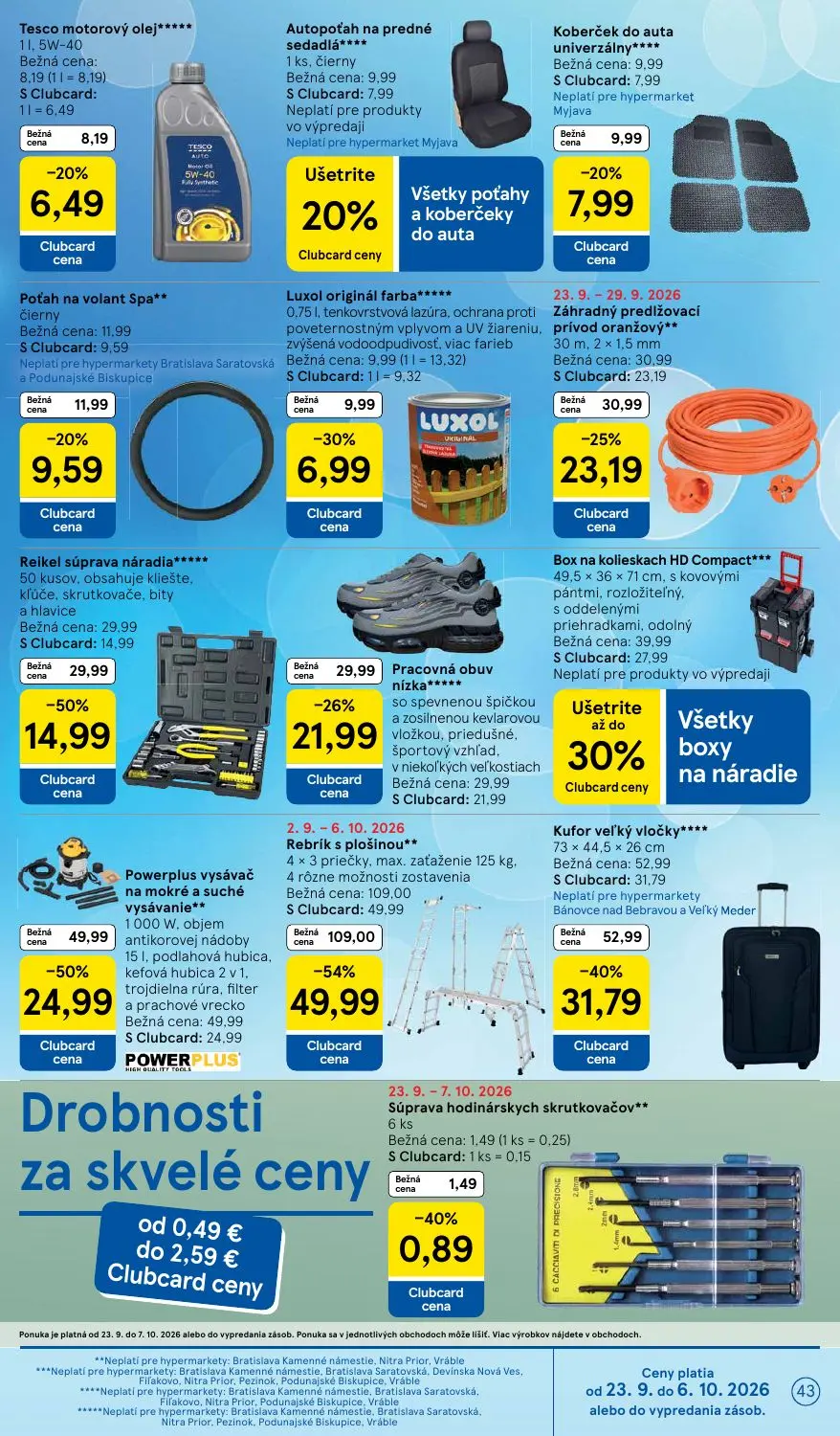 Tesco leták, strana 43 z 48 — Rebrík s plošinou, Powerplus vysávač na mokré a suché vysávanie, Kufor veľký vločky
