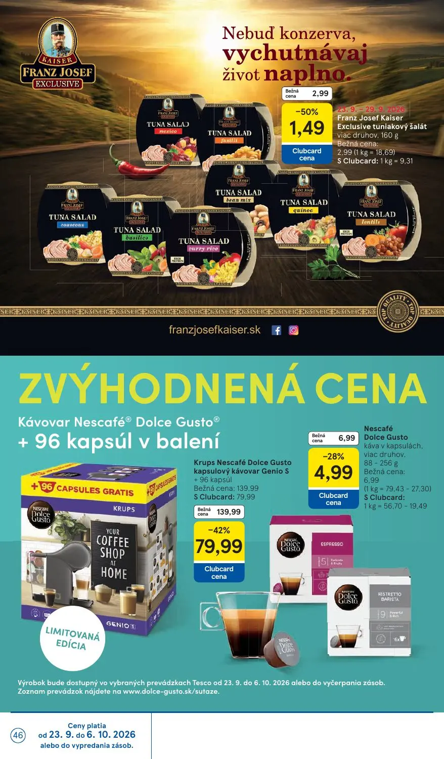 Tesco leták, strana 46 z 48 — Krups Nescafé Dolce Gusto kapsulový kávovar Genio S + 96 kapsúl, Nescafé Dolce Gusto káva v ka…