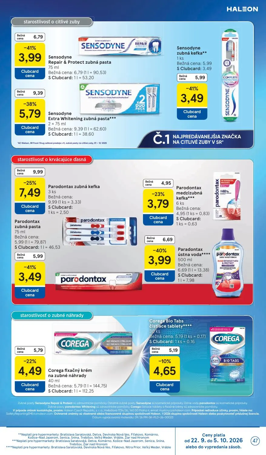 Tesco leták, strana 47 z 48 — Sensodyne Extra Whitening zubná pasta, Sensodyne Repair & Protect zubná pasta, Paradontax ústn…