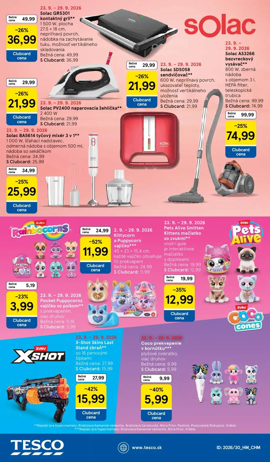 Tesco leták, strana 48 z 48 — Solac AS3266 bezvreckový vysávač, Solac GR5301 kontaktný gril, Kittycorn a Puppycorn vajíčko