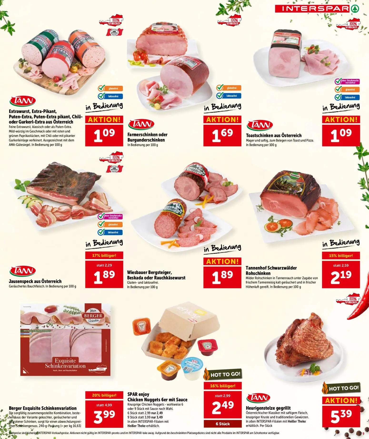 Interspar Prospekt, Seite 9 von 24 — Berger Exquisite Schinkenvariation, SPAR enjoy Chicken Nuggets 6er mit Sauce, Jausenspe…