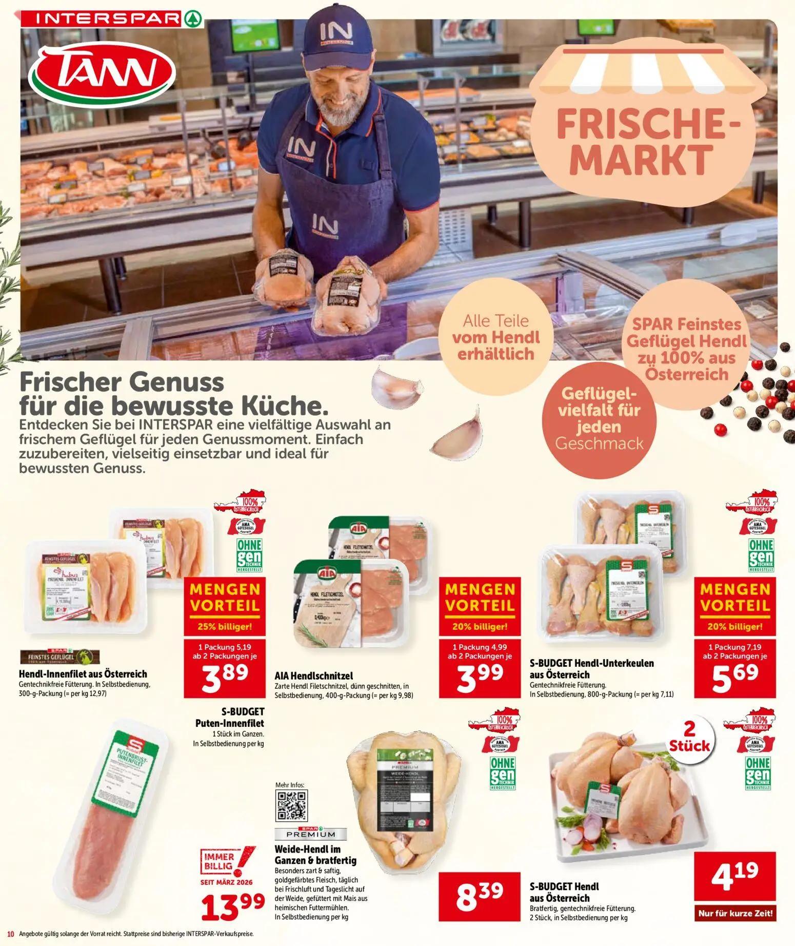 Interspar Prospekt, Seite 10 von 24 — S-BUDGET Hendl-Unterkeulen aus Österreich Gentechnikfreie Fütterung., Hendl-Innenfilet…
