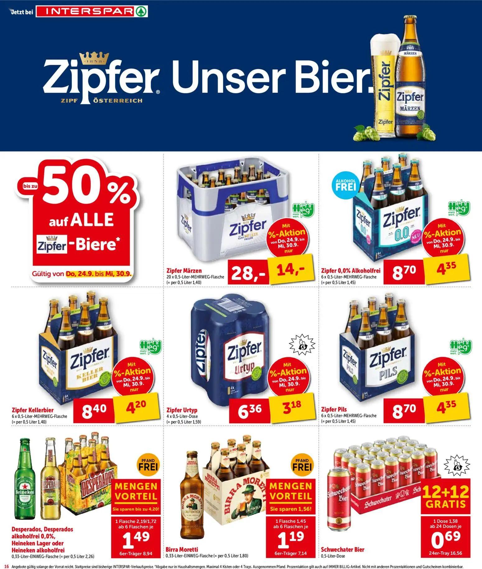Interspar Prospekt, Seite 16 von 24 — Zipfer Märzen, Zipfer 0,0% Alkoholfrei, Zipfer Pils