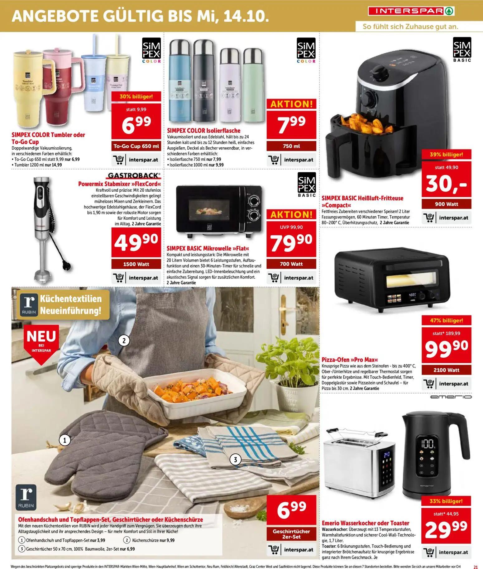 Interspar Prospekt, Seite 21 von 24 — Pizza-Ofen »Pro Max«, SIMPEX BASIC Mikrowelle »Flat«, SIMPEX BASIC Heißluft-Fritteuse …