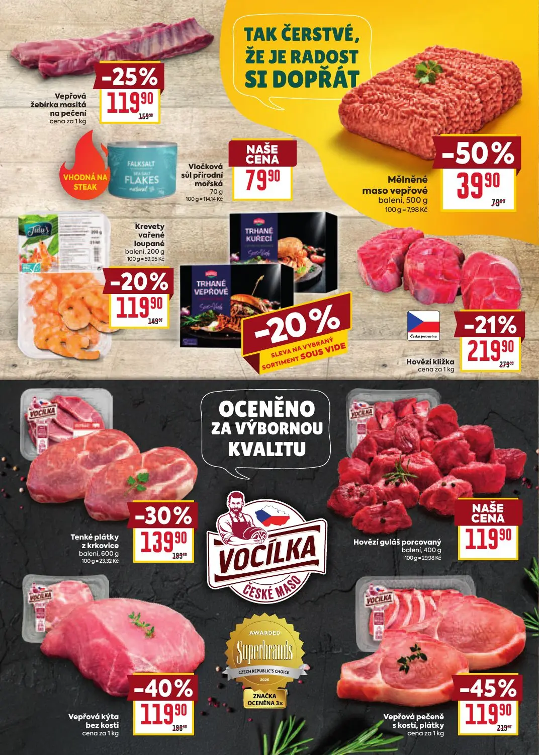 Billa leták, strana 3 z 41 — Vepřová pečeně s kostí, plátky, Vepřová kýta bez kosti, Hovězí kližka