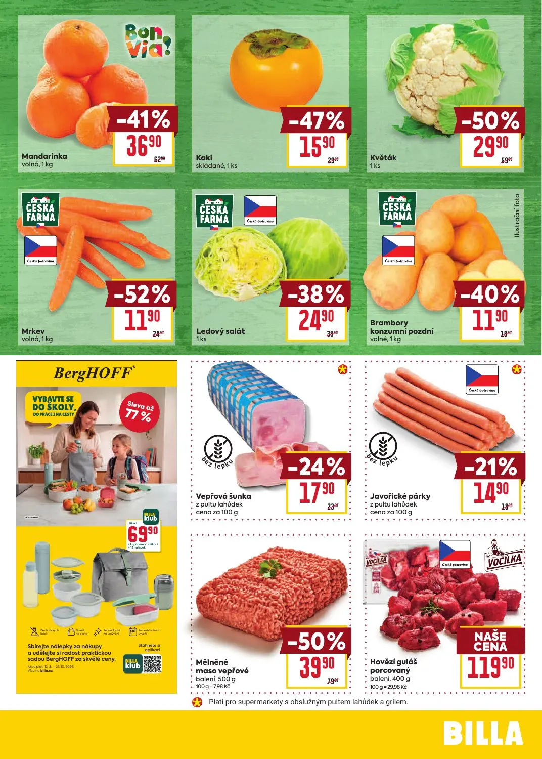 Billa leták, strana 3 z 8 — Mělněné maso vepřové, Květák, Mandarinka