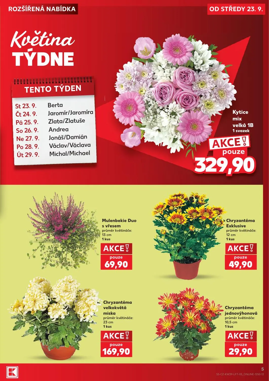 Kaufland leták, strana 5 z 54 — Kytice mix velká 1B, Mulenbekie Duo s vřesem, Chryzantéma Exklusive