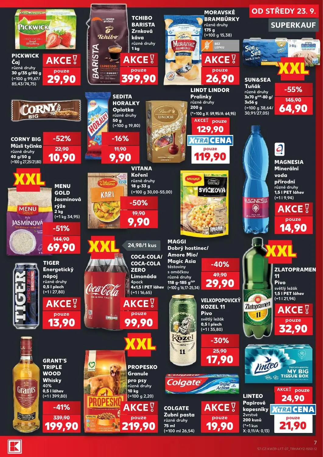 Kaufland leták, strana 7 z 54 — GRANT'S TRIPLE WOOD Whisky 40%, SUN&SEA Tuňák různé druhy, MENU GOLD Jasmínová rýže