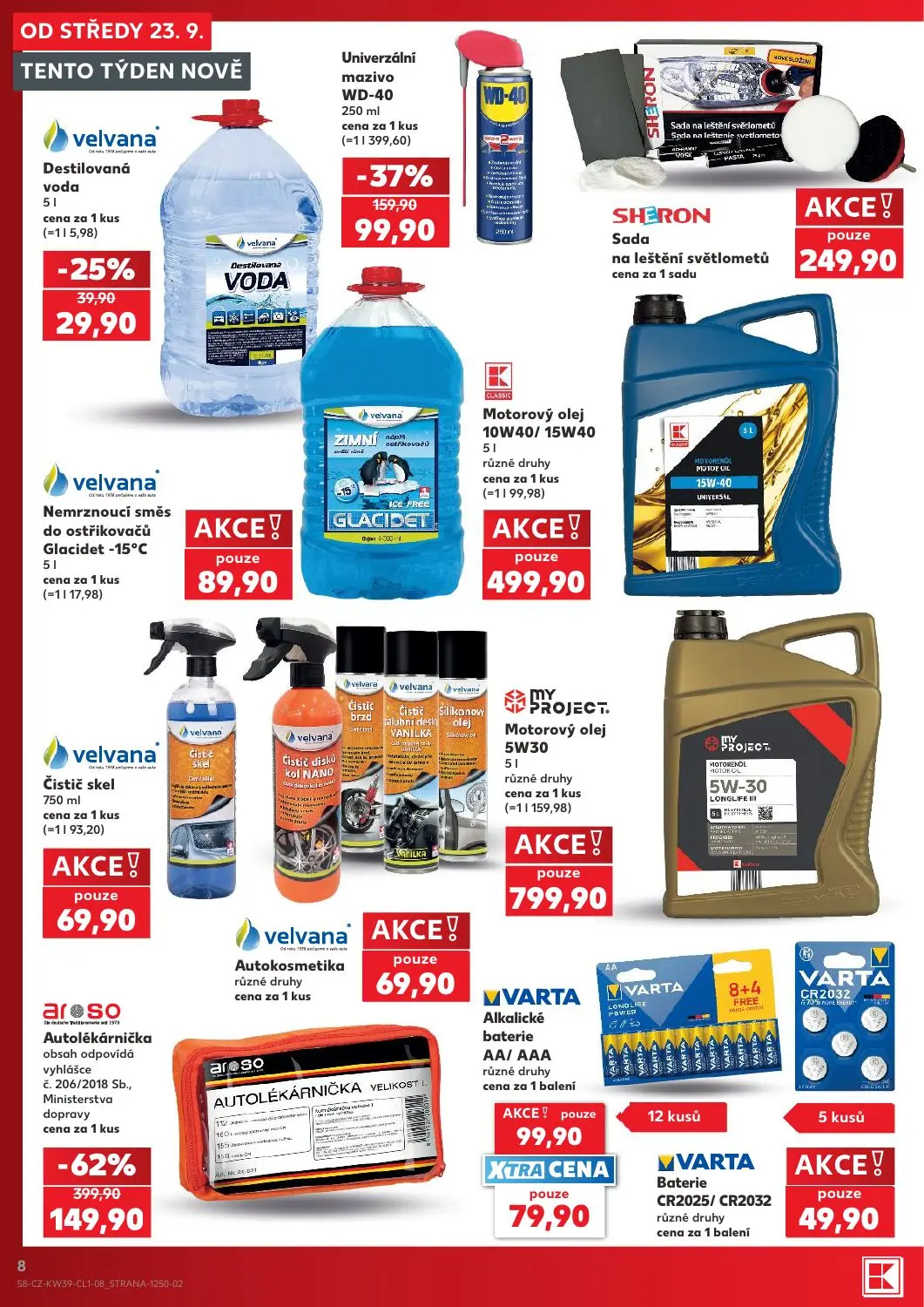 Kaufland leták, strana 8 z 14 — Autolékárnička, Univerzální mazivo WD-40, Alkalické baterie AA/ AAA