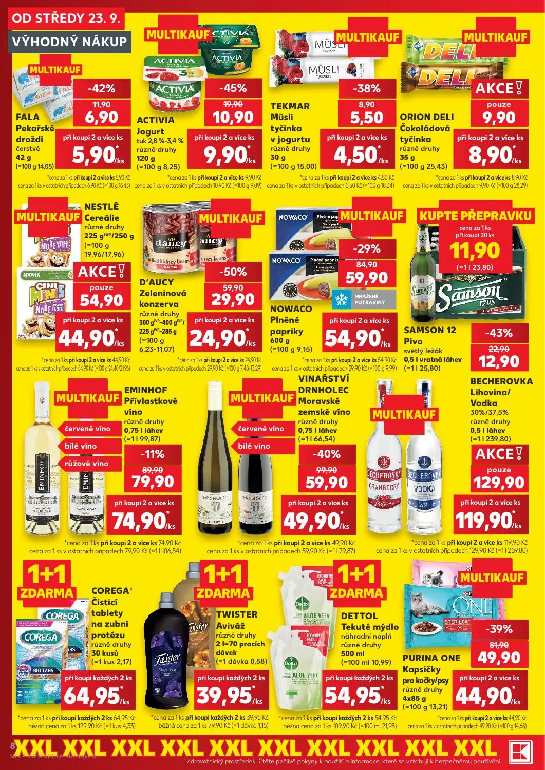 Kaufland leták, strana 8 z 54 — DRNHOLEC Moravské zemské víno, PURINA ONE Kapsičky pro kočky/psy, D'AUCY Zeleninová konzerva