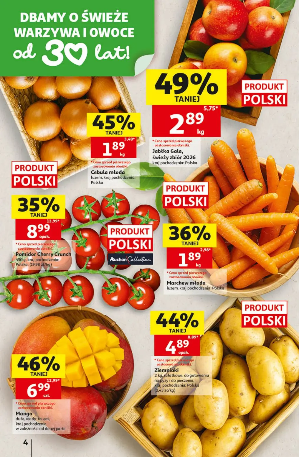 Auchan gazetka, strona 4 z 41 — Mango duże, ready-to-eat, Pomidor Cherry Crunch, Ziemniaki sałatkowe, do gotowania na pyzy i…
