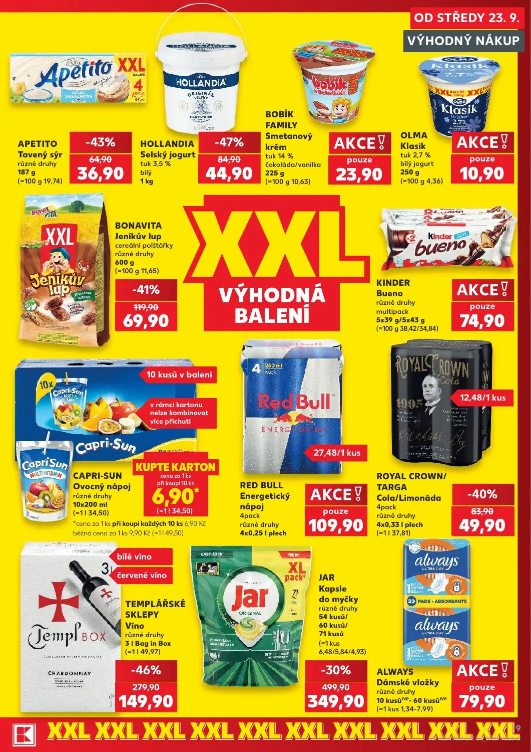 Kaufland leták, strana 9 z 54 — JAR Kapsle do myčky různé druhy, TEMPLÁŘSKÉ SKLEPY Víno různé druhy, BONAVITA Jeníkův lup ce…
