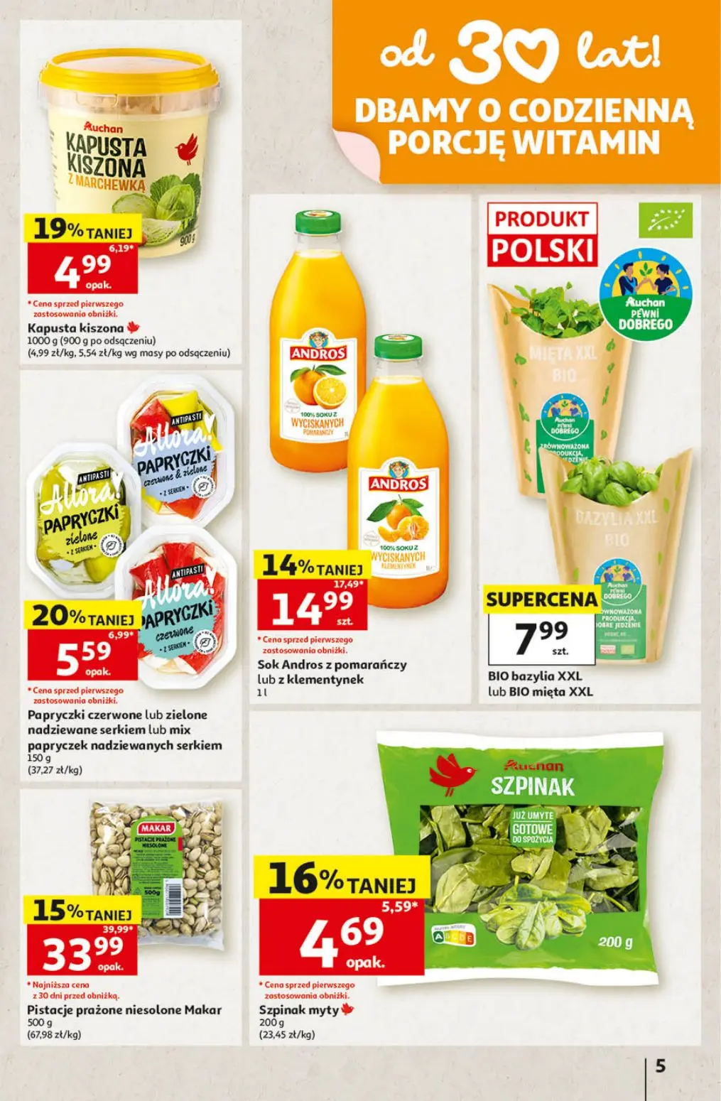 Auchan gazetka, strona 5 z 41 — Pistacje prażone niesolone Makar, Sok Andros z pomarańczy lub z klementynek, Papryczki czerw…