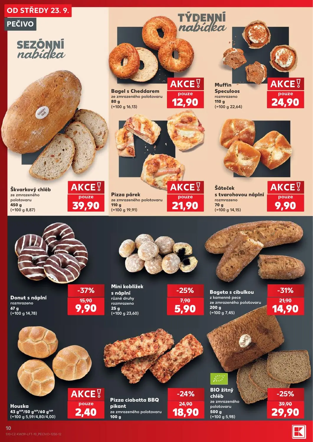 Kaufland leták, strana 10 z 54 — BIO žitný chléb, Bageta s cibulkou z kamenné pece, Donut s náplní