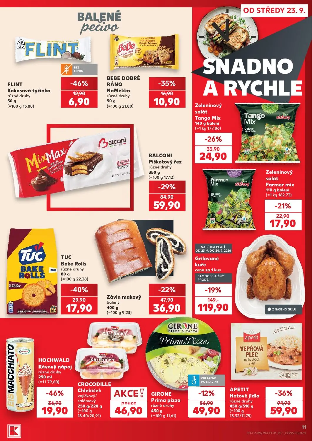 Kaufland leták, strana 11 z 54 — APETIT Hotové jídlo, Grilované kuře, BALCONI Piškotový řez