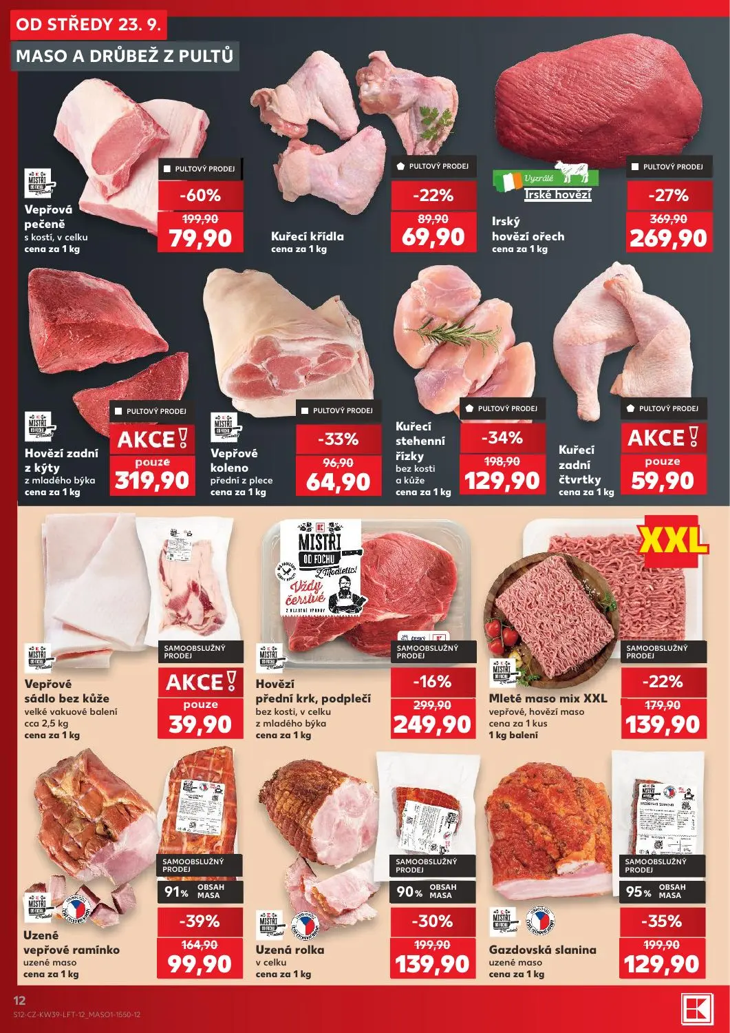 Kaufland leták, strana 12 z 54 — Vepřová pečeně s kostí, v celku, Irský hovězí ořech, Gazdovská slanina uzené maso
