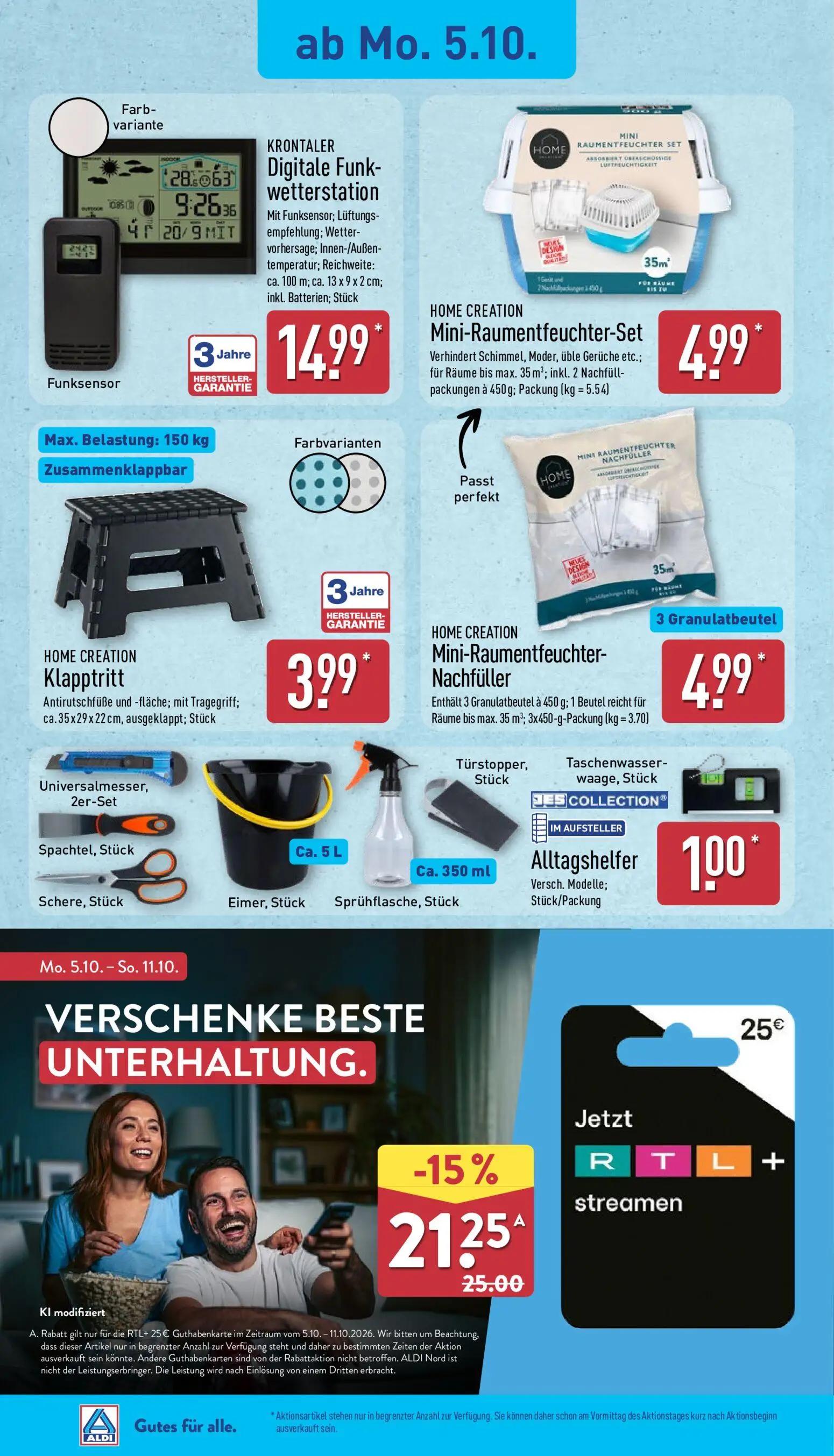 Aldi Nord Prospekt, Seite 4 von 14 — RTL+ 25 € Guthabenkarte, KRONTALER Digitale Funkwetterstation, HOME CREATION Mini-Raume…