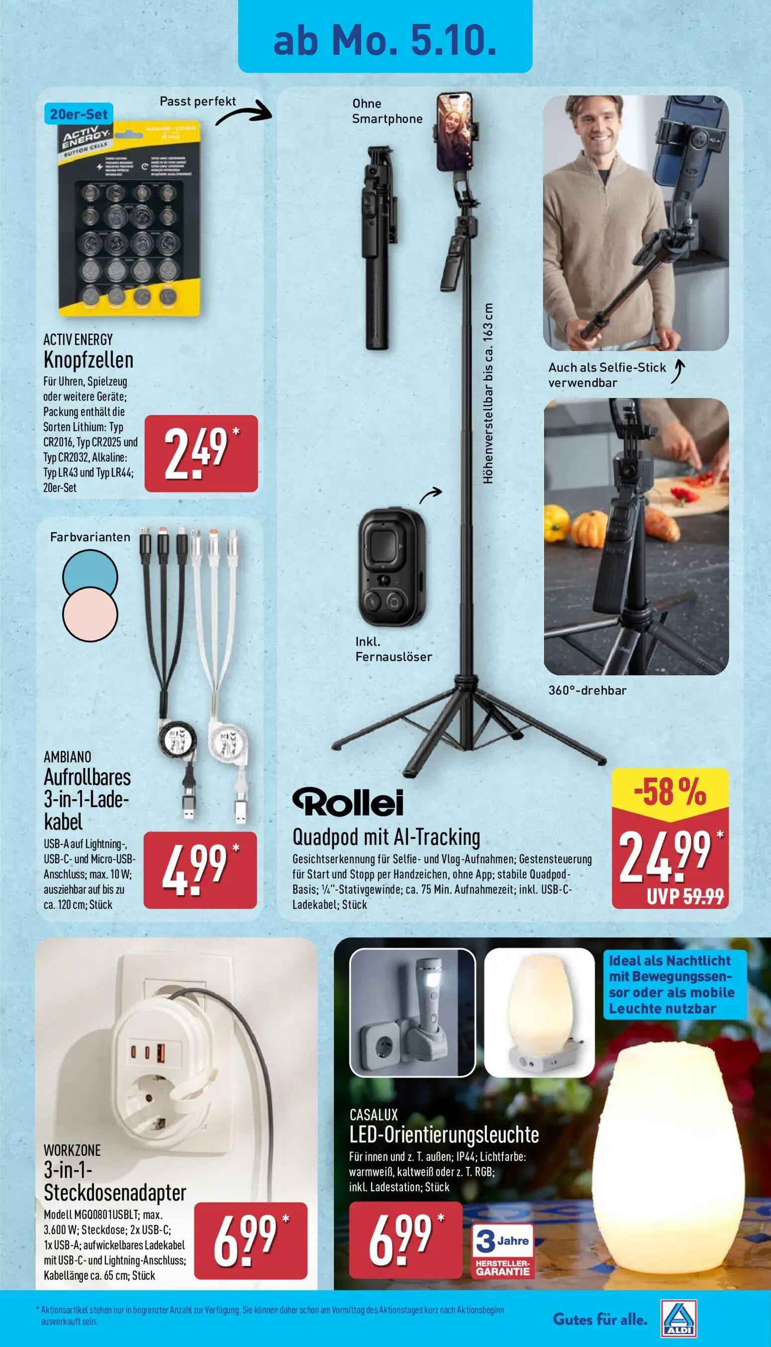 Aldi Nord Prospekt, Seite 5 von 14 — Rollei Quadpod mit Al-Tracking, ACTIV ENERGY Knopfzellen, AMBIANO Aufrollbares 3-in-1-L…