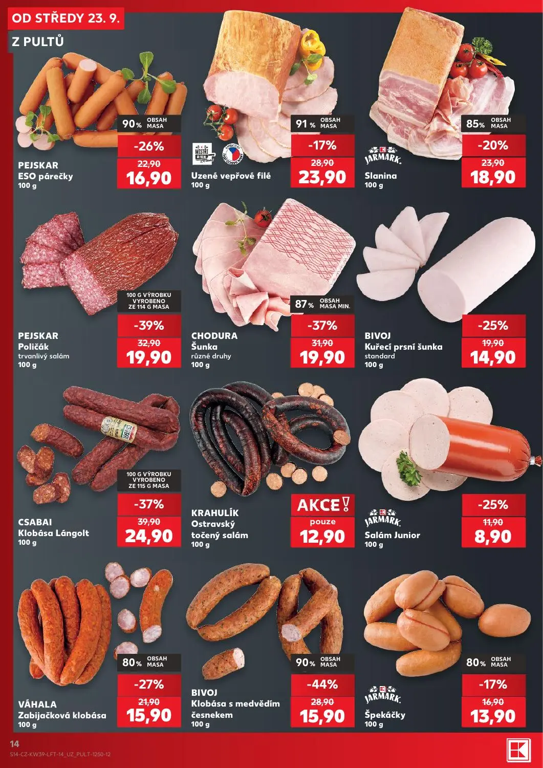 Kaufland leták, strana 14 z 54 — CSABAI Klobása Lángolt, PEJSKAR Poličák trvanlivý salám, BIVOJ Klobása s medvědím česnekem