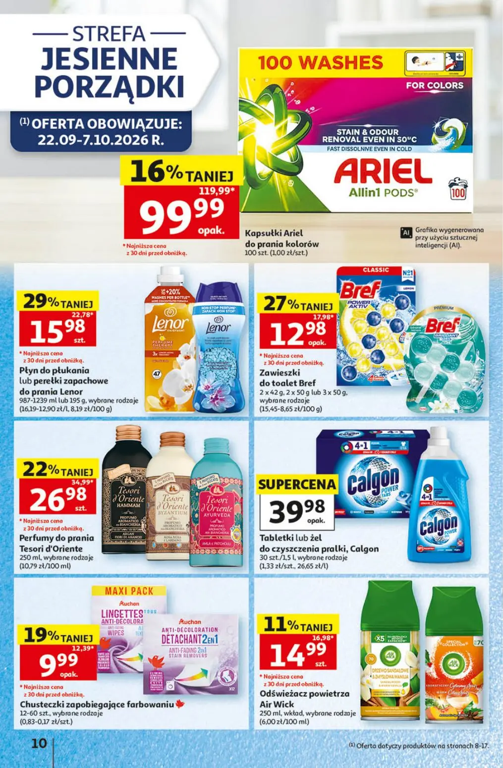 Auchan gazetka, strona 10 z 41 — Kapsułki Ariel do prania kolorów, Perfumy do prania Tesori d'Oriente, Płyn do płukania lub …