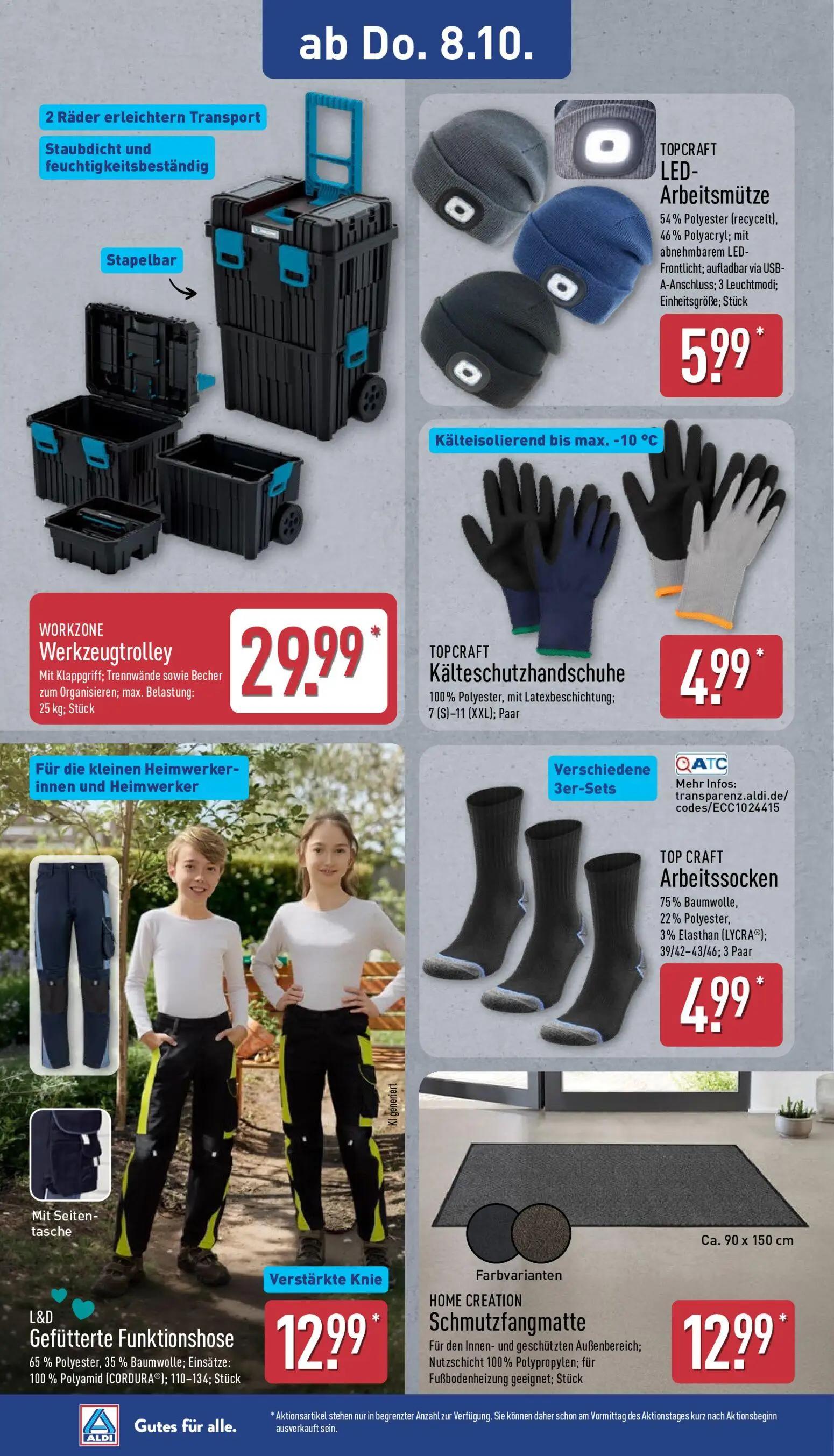 Aldi Nord Prospekt, Seite 8 von 14 — Werkzeugtrolley, LED-Arbeitsmütze, Kälteschutzhandschuhe
