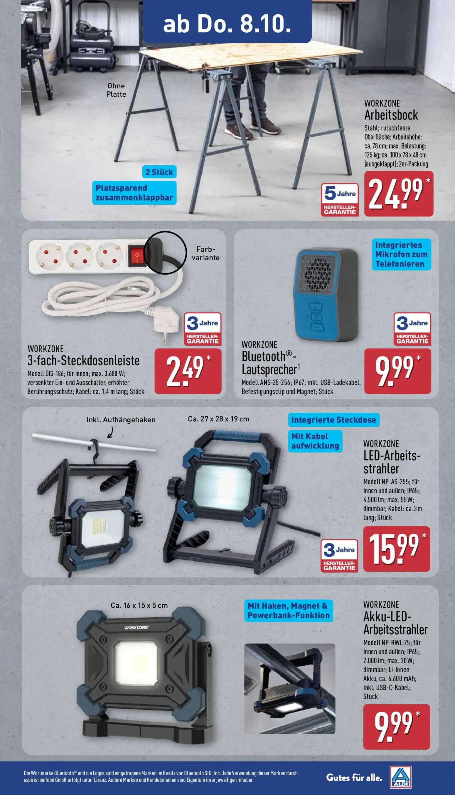 Aldi Nord Prospekt, Seite 9 von 14 — WORKZONE Arbeitsbock, WORKZONE 3-fach-Steckdosenleiste, WORKZONE Bluetooth®-Lautspreche…