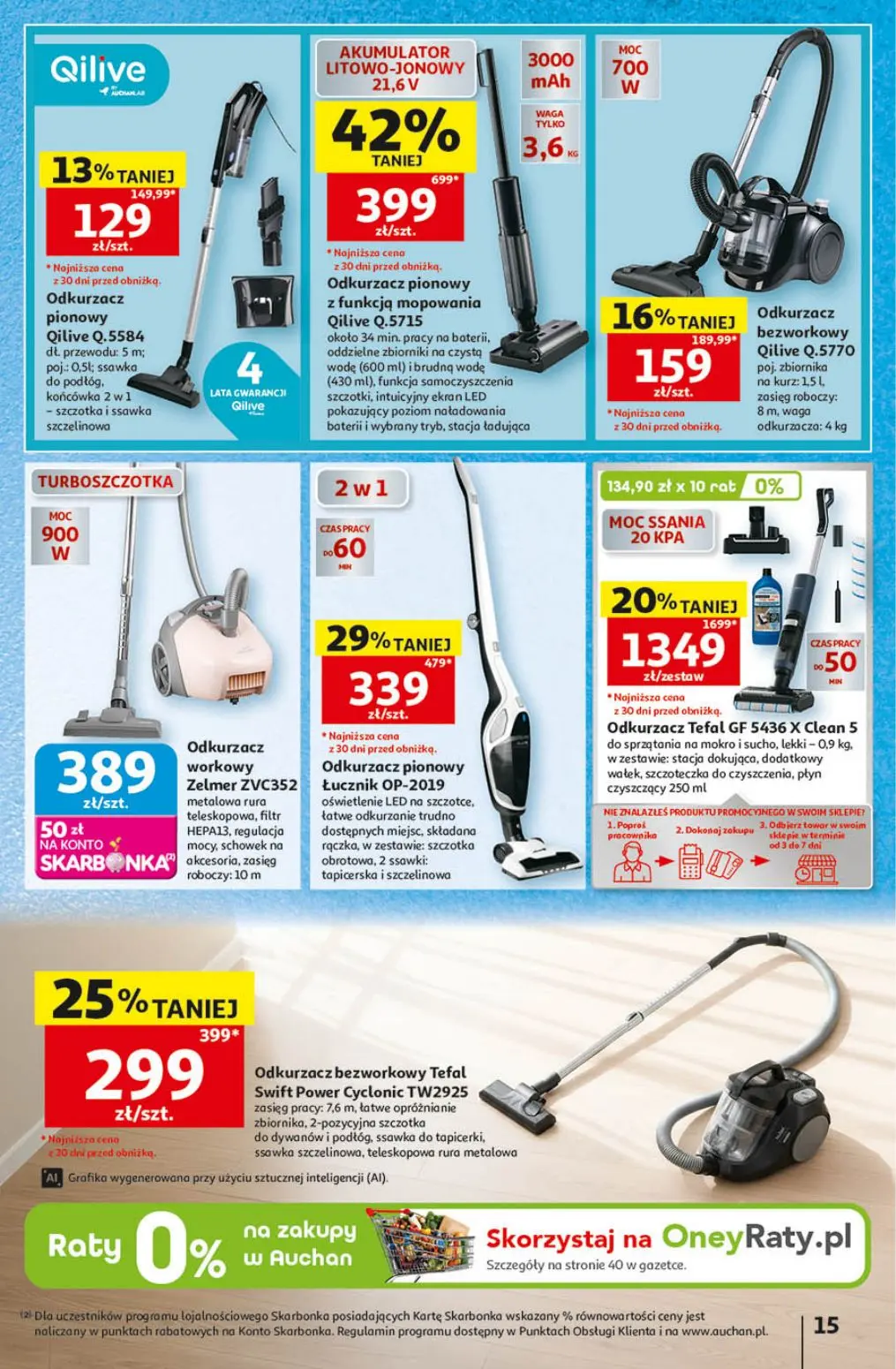 Auchan gazetka, strona 15 z 41 — Odkurzacz Tefal GF 5436 X Clean 5, Odkurzacz pionowy z funkcją mopowania Qilive Q.5715, Odk…