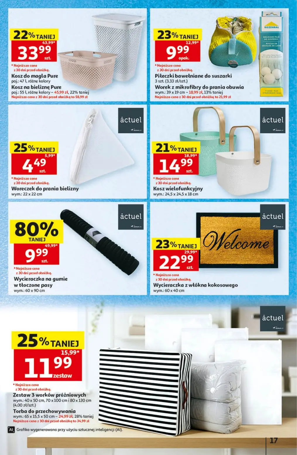 Auchan gazetka, strona 17 z 41 — Wycieraczka na gumie w tłoczone pasy, Kosz na bieliznę Pure, Torba do przechowywania