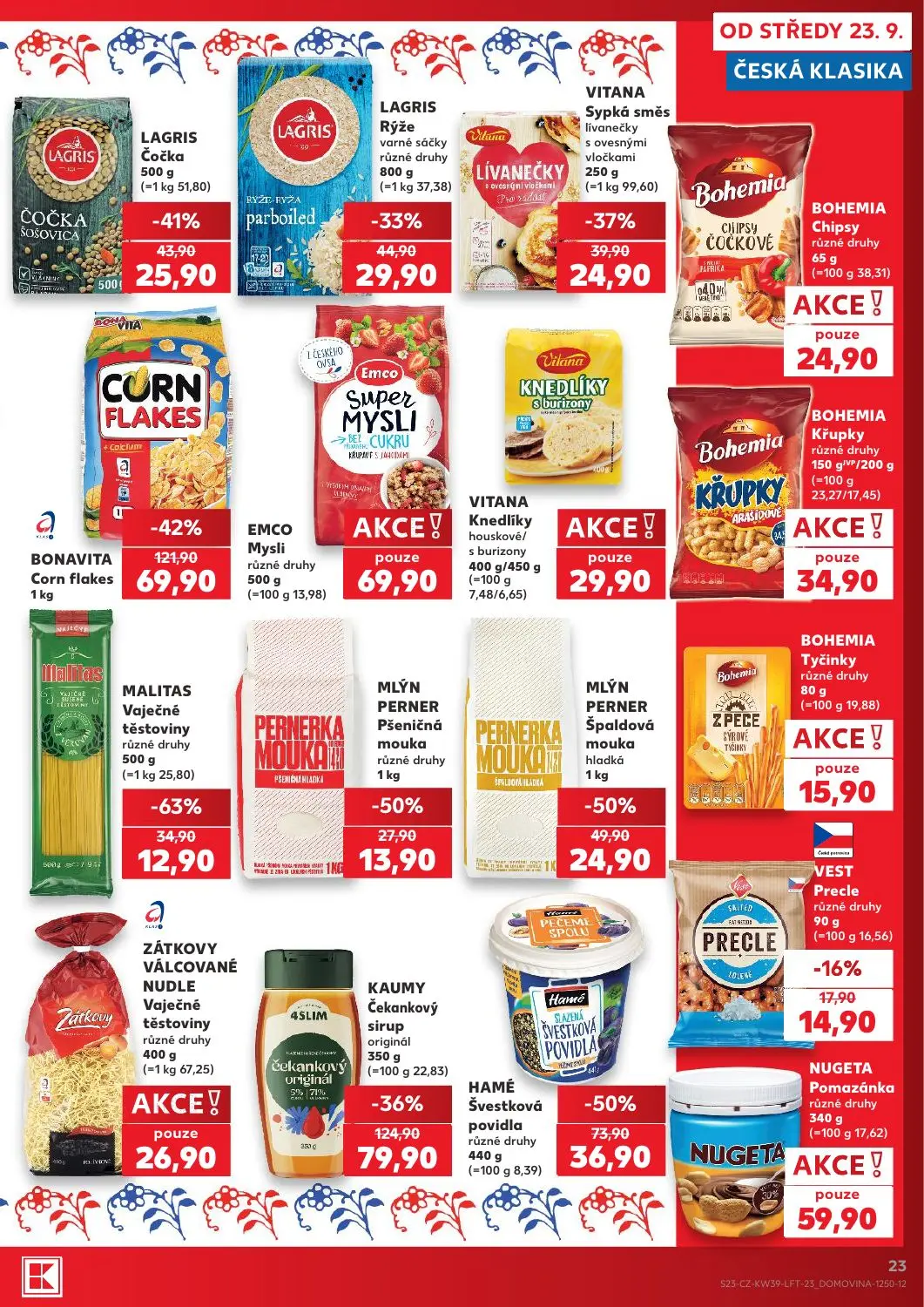 Kaufland leták, strana 23 z 54 — BONAVITA Corn flakes, KAUMY Čekankový sirup originál, HAMÉ Švestková povidla