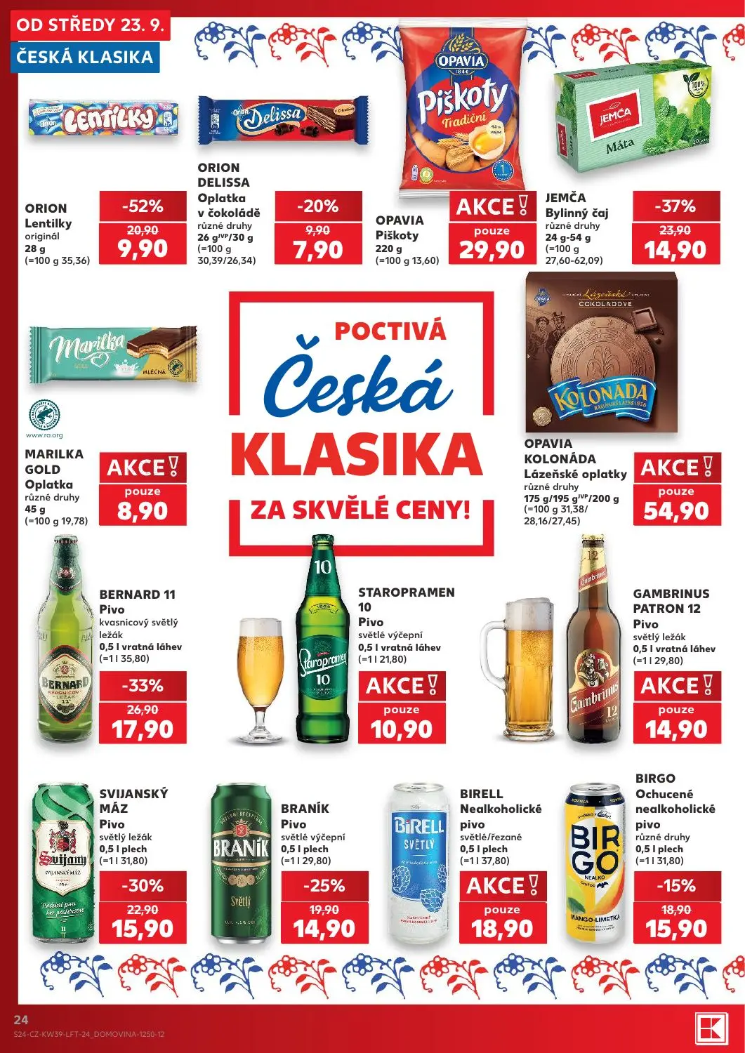Kaufland leták, strana 24 z 54 — ORION Lentilky originál, JEMČA Bylinný čaj různé druhy, BERNARD 11 Pivo kvasnicový světlý l…
