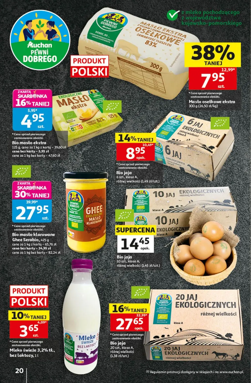 Auchan gazetka, strona 20 z 41 — Bio masło klarowane Ghee Serabio, Bio jaja, Masło osełkowe ekstra