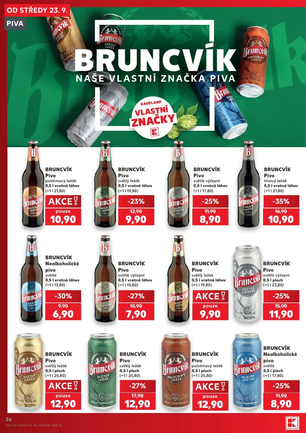 Kaufland leták, strana 26 z 54 — BRUNCVÍK Pivo tmavý ležák, BRUNCVÍK Pivo světlý ležák, BRUNCVÍK Pivo světlé výčepní