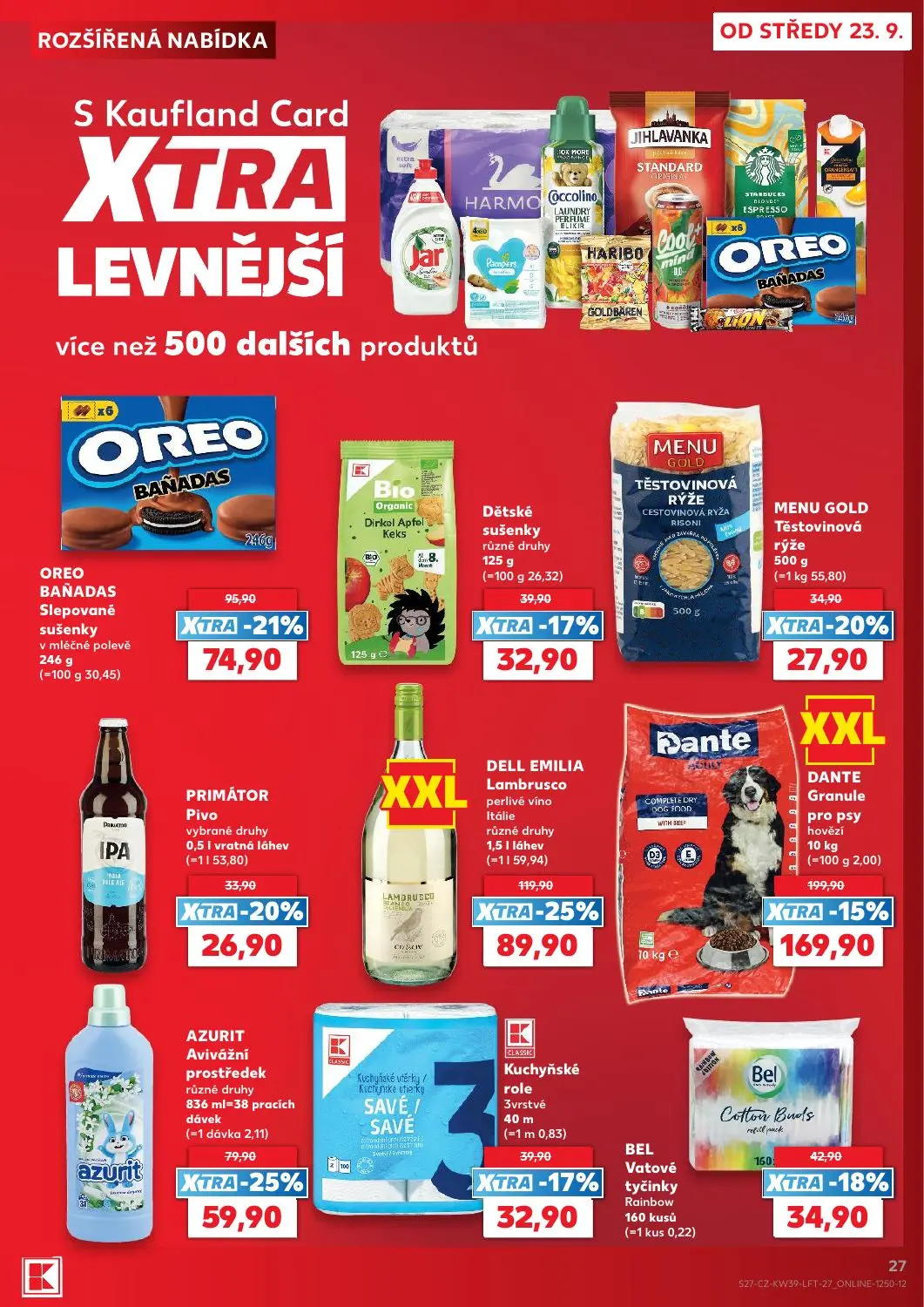 Kaufland leták, strana 27 z 54 — DELL EMILIA Lambrusco perlivé víno Itálie různé druhy, DANTE Granule pro psy hovězí, OREO B…