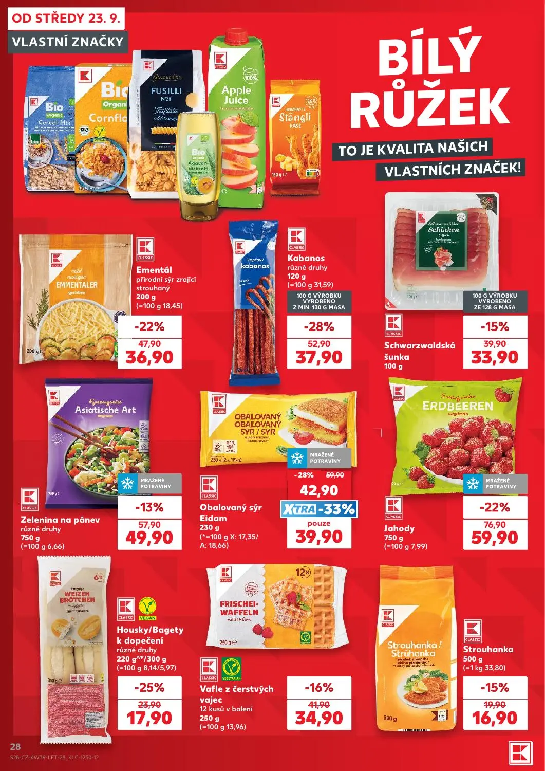 Kaufland leták, strana 28 z 54 — Obalovaný sýr Eidam, Jahody, Kabanos různé druhy