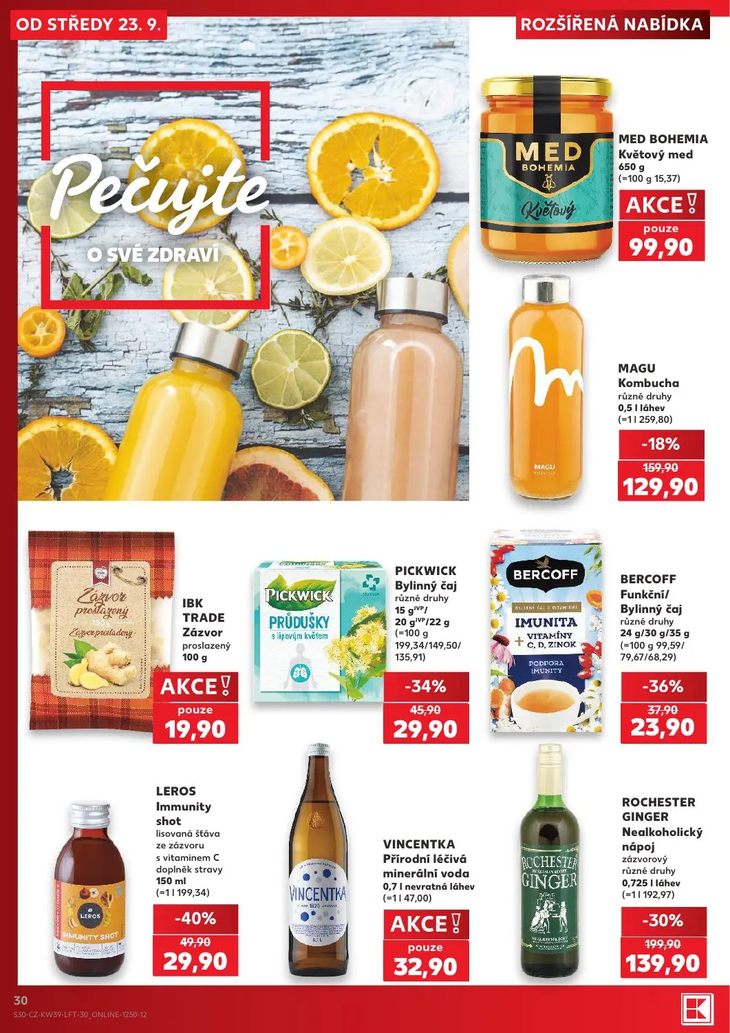 Kaufland leták, strana 30 z 54 — ROCHESTER GINGER Nealkoholický nápoj zázvorový, MAGU Kombucha, LEROS Immunity shot lisovaná…